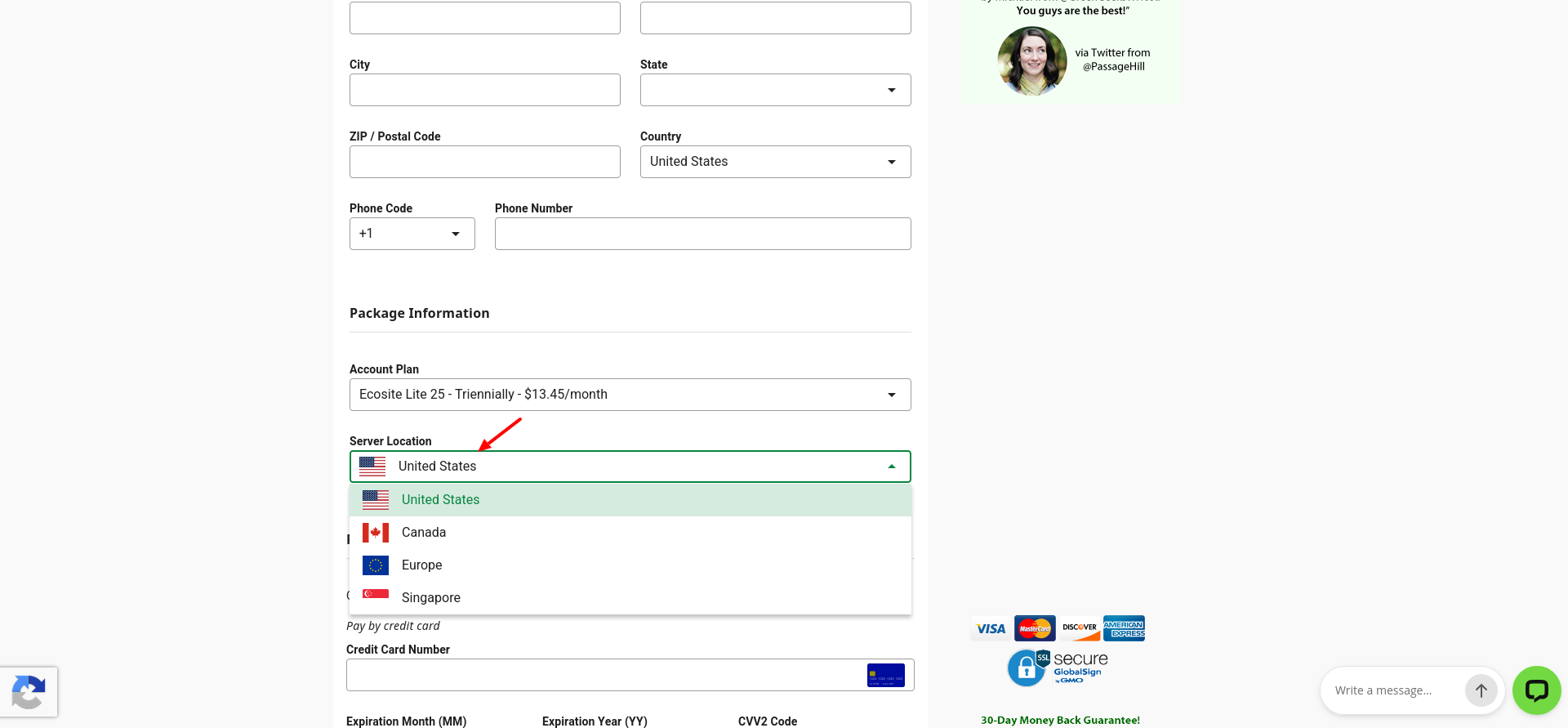 GreenGeeks checkout server-location dropdown listing United States, Canada, Europe, and Singapore.