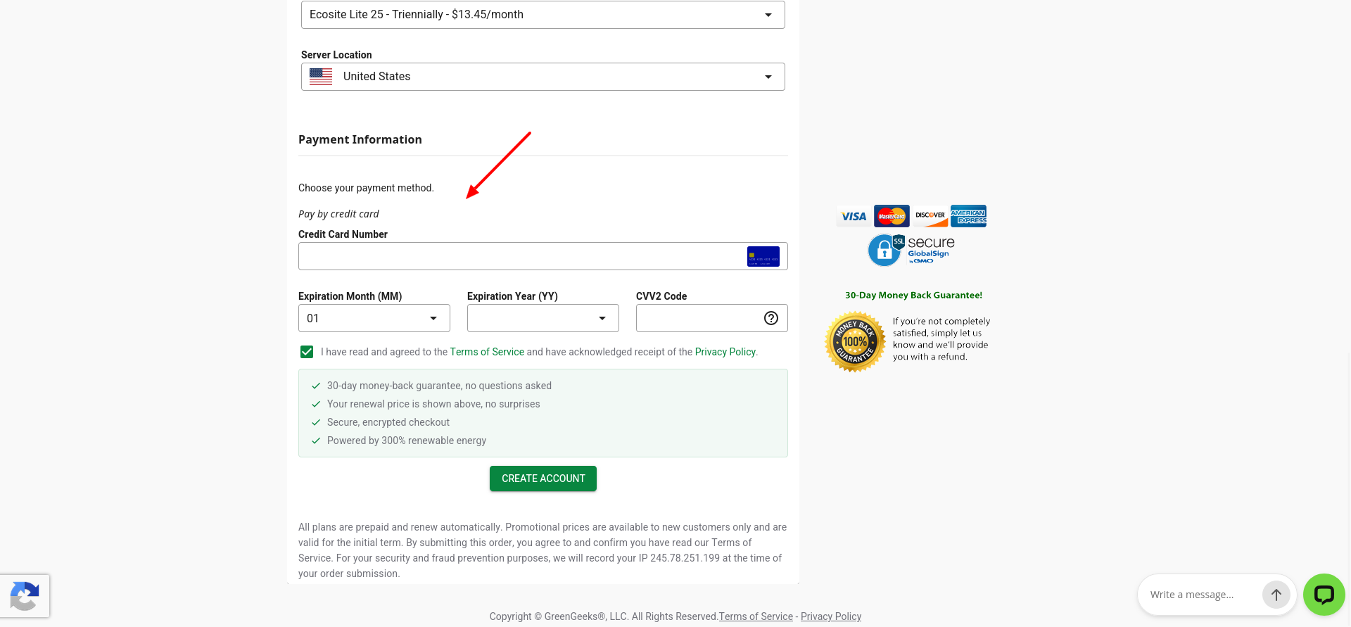 GreenGeeks checkout payment section showing supported card logos, automatic-renewal disclosure, terms acknowledgement, and Create Account button.