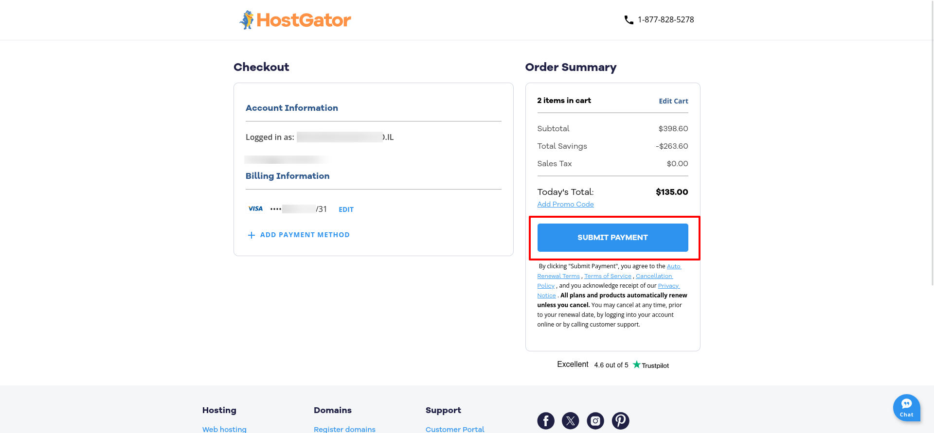 HostGator final checkout showing saved payment information, the $135 order total, Submit Payment button, and automatic-renewal notice.