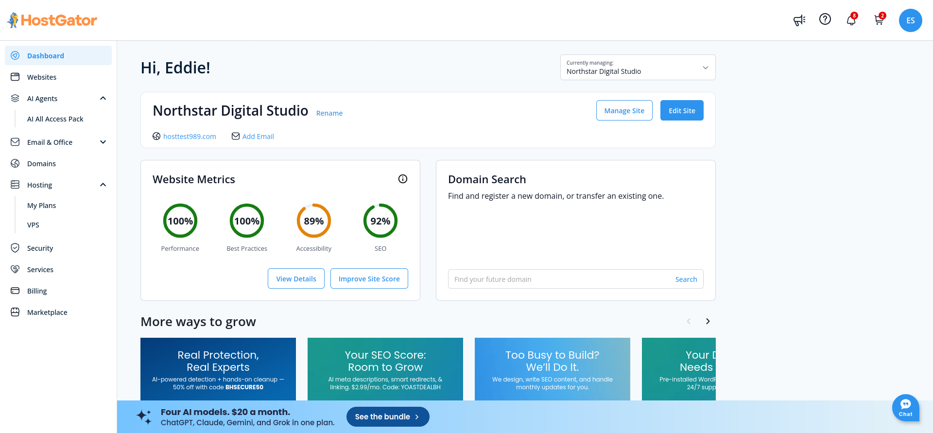 HostGator client-area dashboard with the left navigation, an existing website summary, website-quality scores, domain search, and promotional cards.