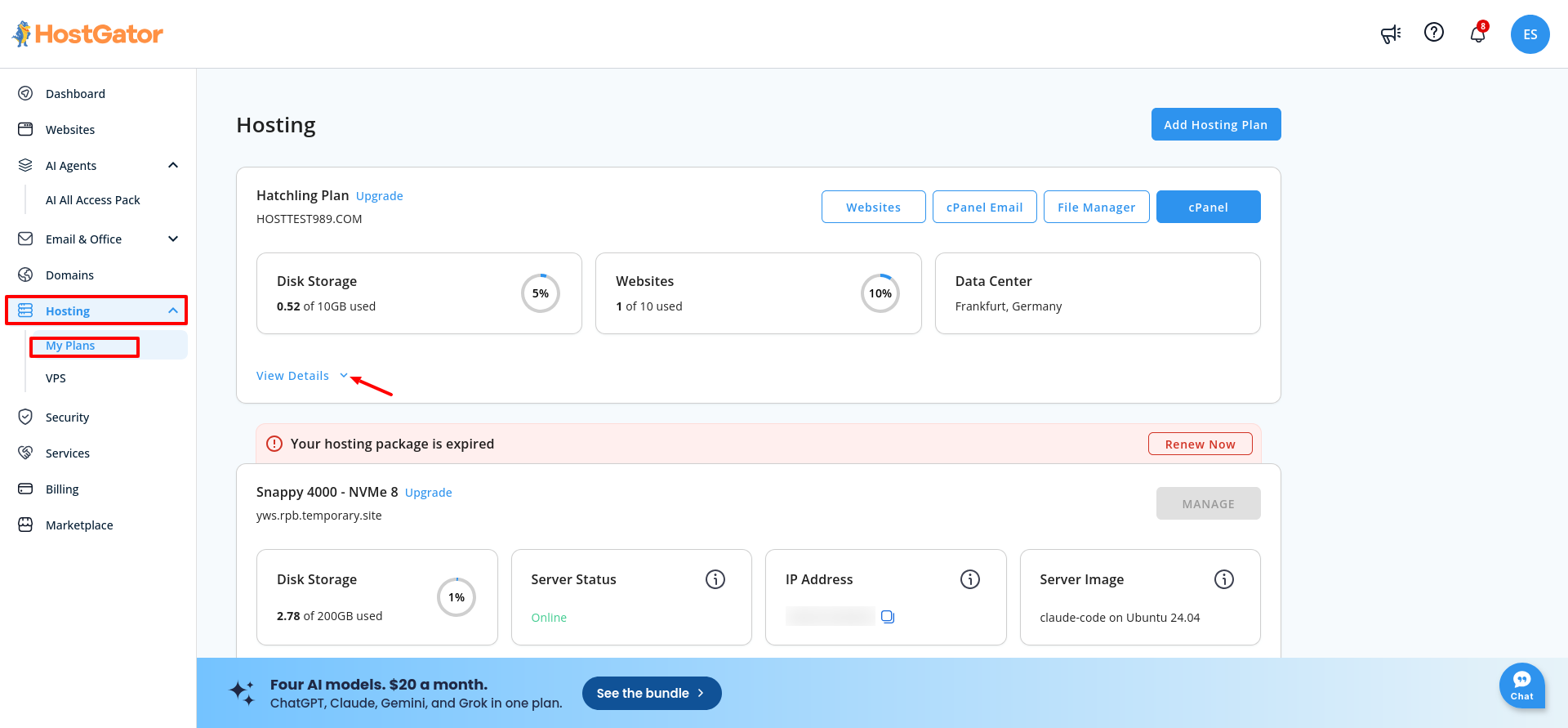 HostGator Hosting > My Plans page showing the Hatchling plan, 0.52 GB of 10 GB storage used, one of ten websites used, Frankfurt data center, and cPanel shortcut.