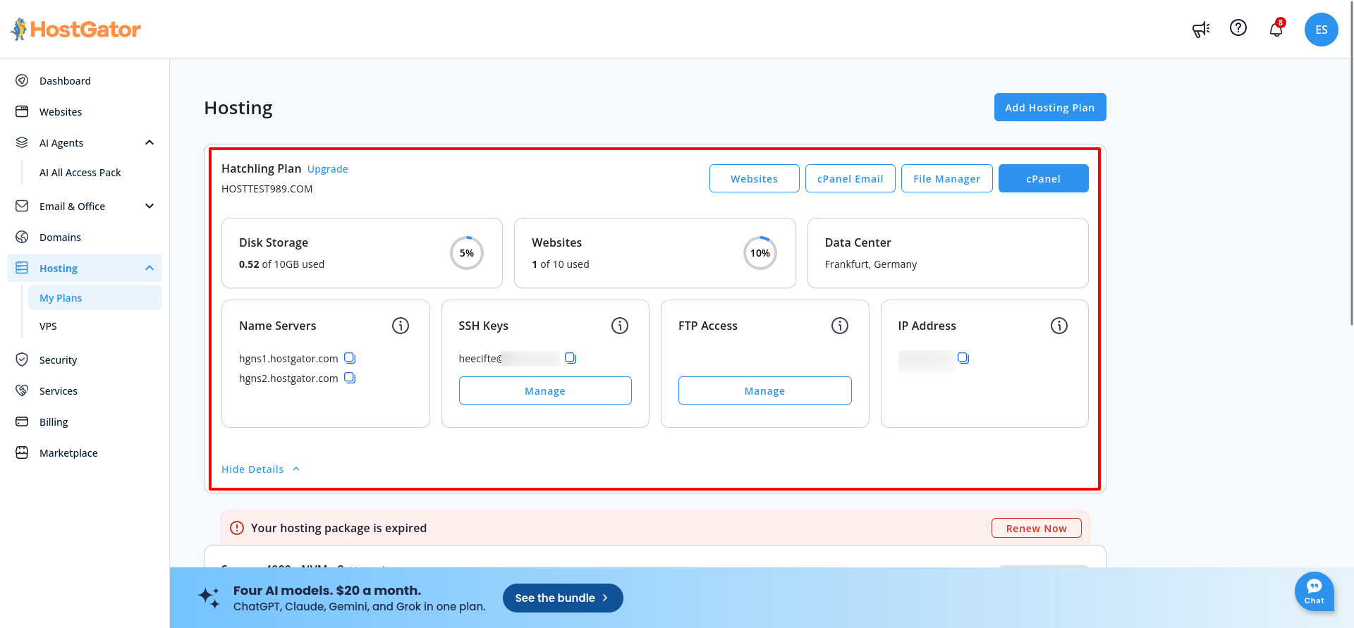 Expanded HostGator Hatchling plan showing nameservers, SSH-key and FTP-access management, server IP address, and quick links to cPanel and File Manager.