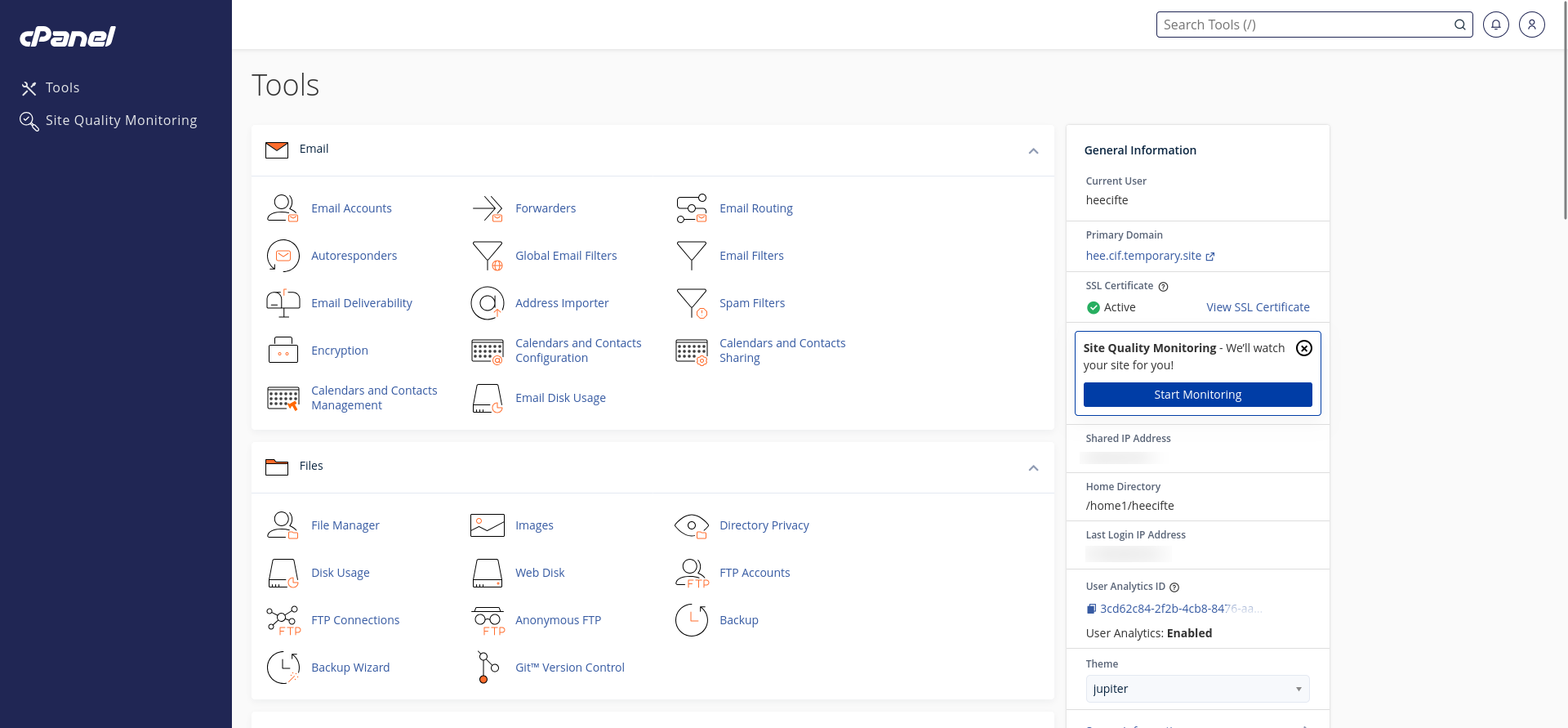 HostGator cPanel Jupiter tools dashboard showing grouped Email, Files, Databases, Domains, Metrics, Security, Software, Advanced, and Softaculous tools.