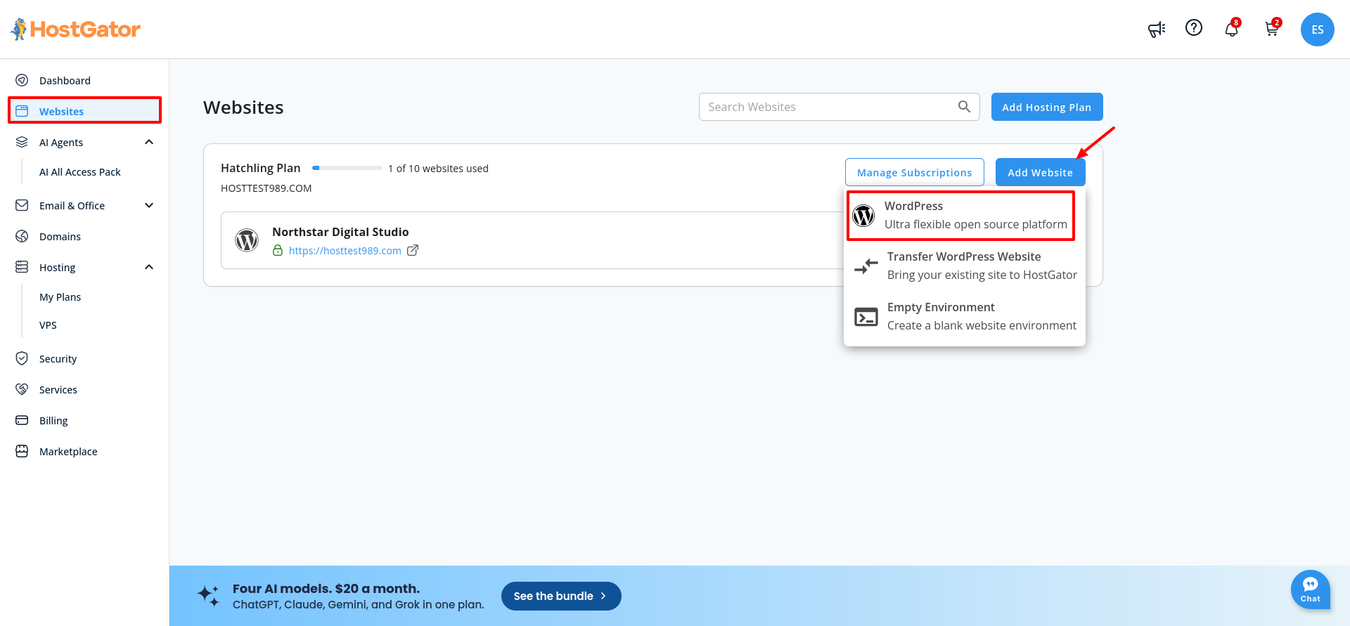 HostGator Websites page showing the Hatchling plan and Add Website menu with WordPress, Transfer WordPress Website, and Empty Environment options.