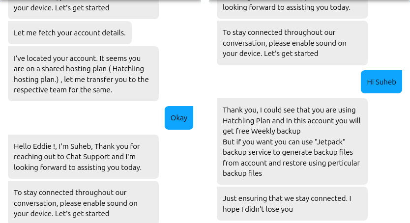 HostGator live chat showing Praneeth transferring my Hatchling backup question to the shared-hosting team and Suheb joining the conversation.