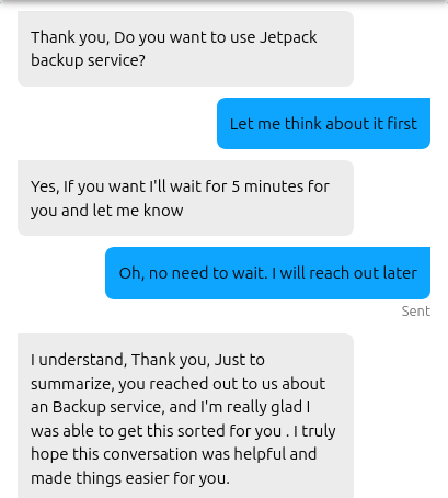 Final HostGator chat messages showing the optional Jetpack offer, my decision to postpone it, and Suheb's courteous closing response.