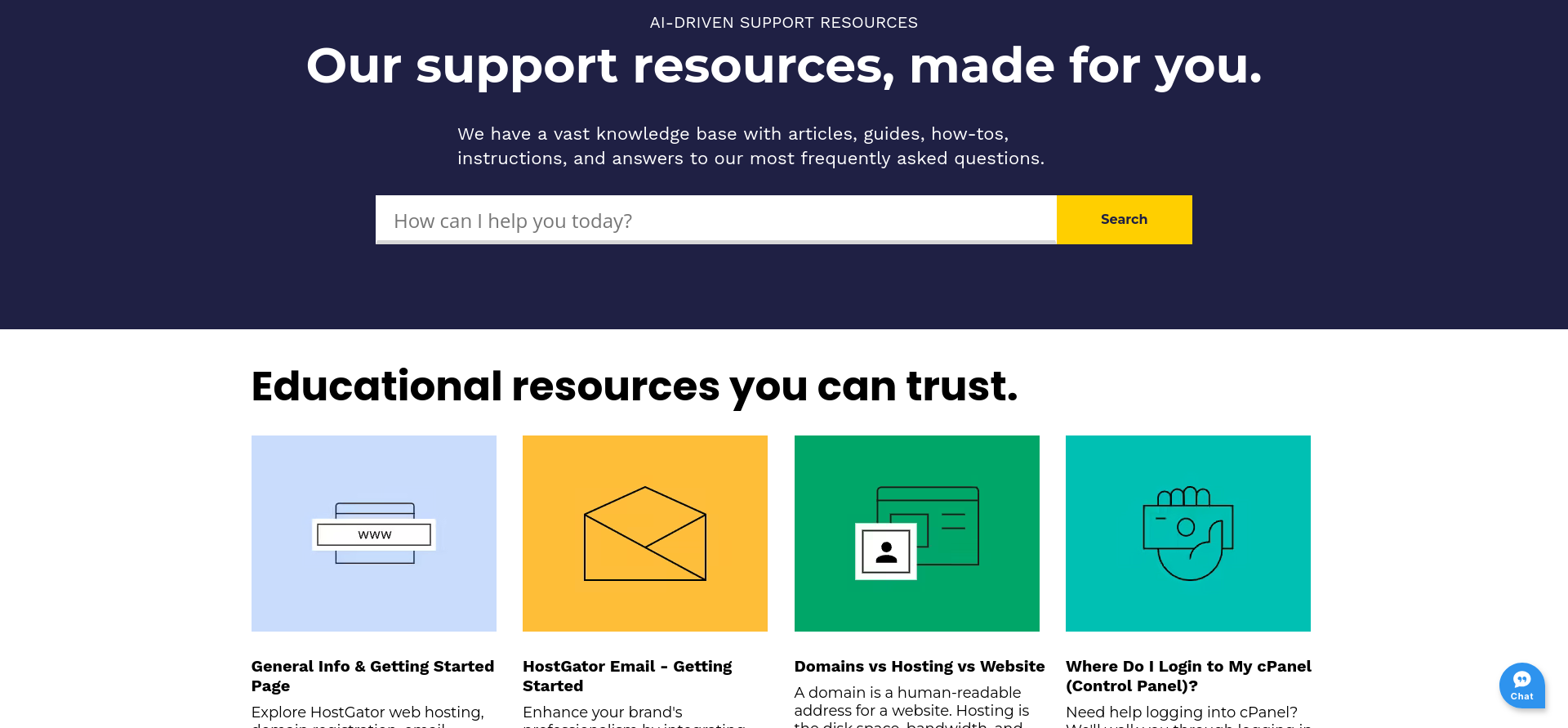 HostGator Knowledge Base home page showing the prominent search field, featured articles, topic categories, and contact-support option.