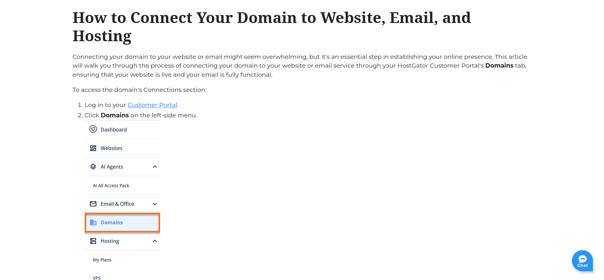 Opening portion of HostGator's domain-connection Knowledge Base article, showing its title, numbered instructions, and annotated control-panel screenshots.