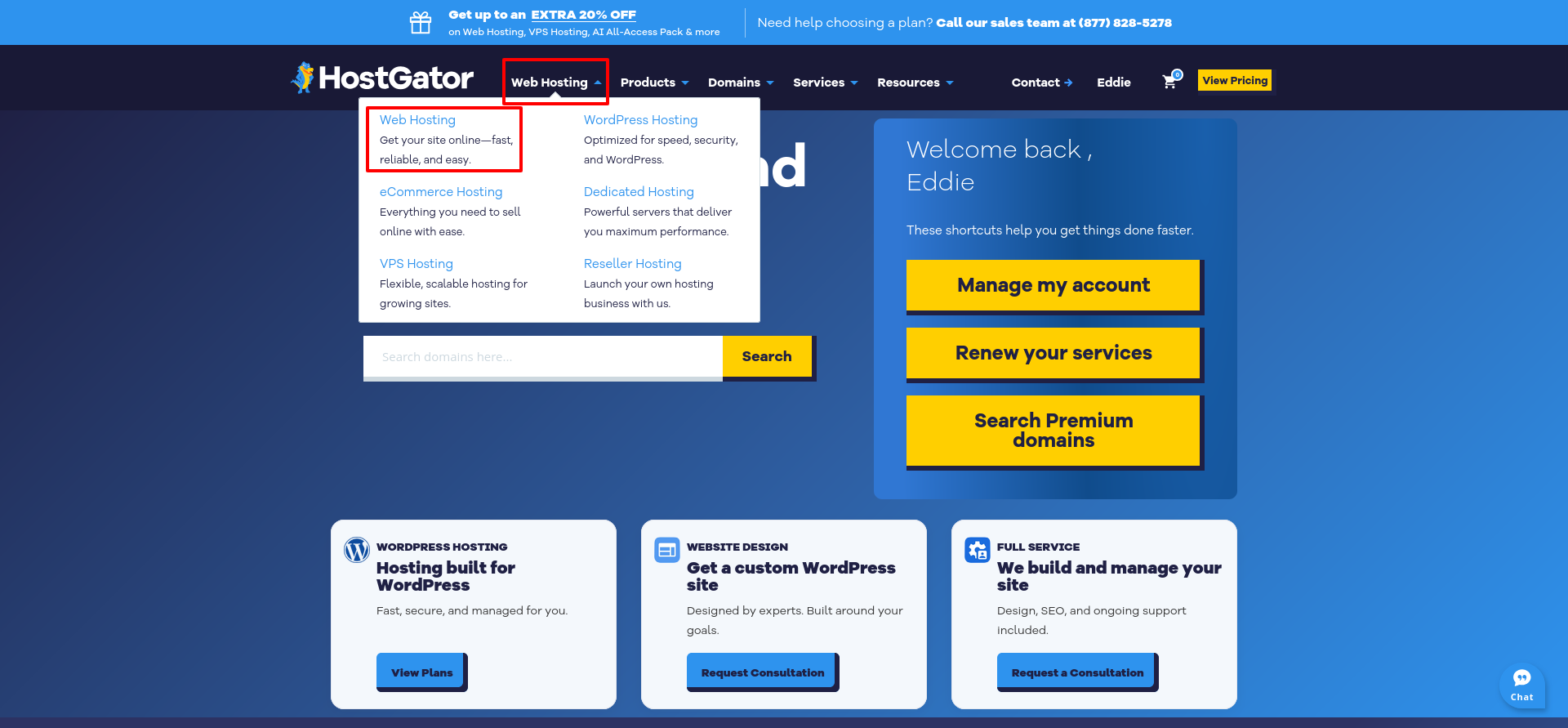 HostGator Web Hosting dropdown showing links for shared, WordPress, eCommerce, VPS, dedicated, and reseller hosting.