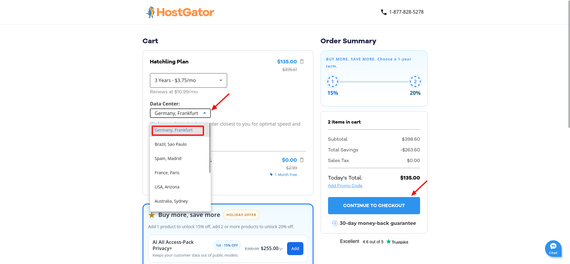 HostGator cart with the data-center menu open, showing Frankfurt, São Paulo, Madrid, Paris, Arizona, and Sydney as selectable locations.