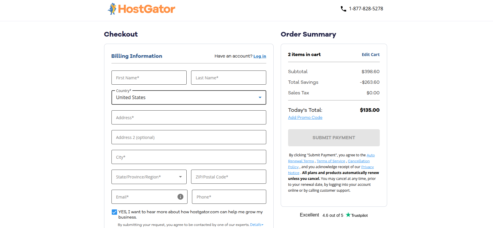 HostGator checkout page showing billing and account registration fields, credit card and PayPal payment options, a preselected marketing checkbox, and a $135 order summary with automatic-renewal terms.