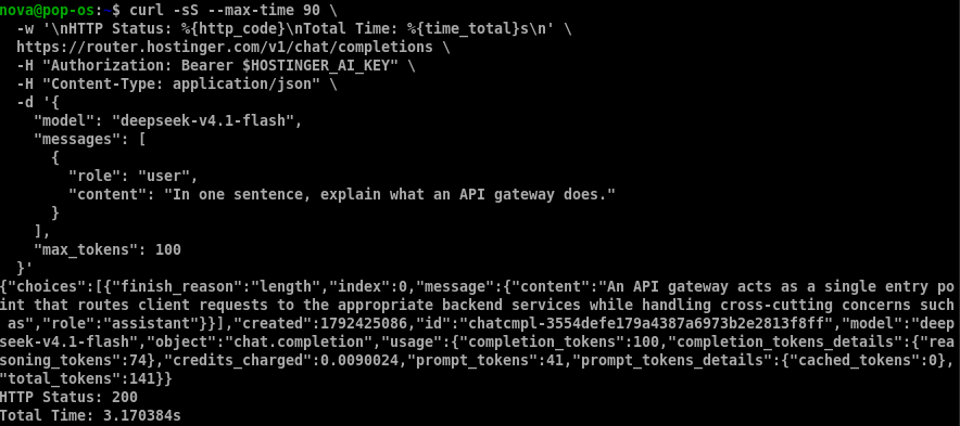 Terminal showing a curl request to Hostinger AI Router using DeepSeek V4.1 Flash, HTTP 200, 3.170384-second response time, and 0.0090024 credits charged