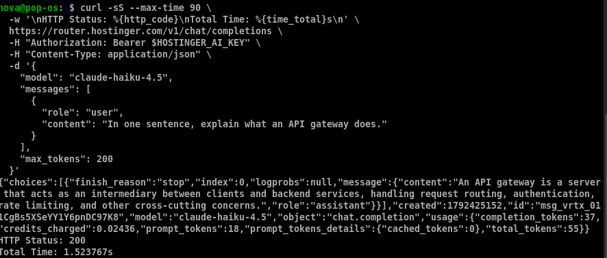 Terminal showing a successful Claude Haiku 4.5 API request through Hostinger AI Router, HTTP 200, 1.523767-second response time, and 0.02436 credits charged