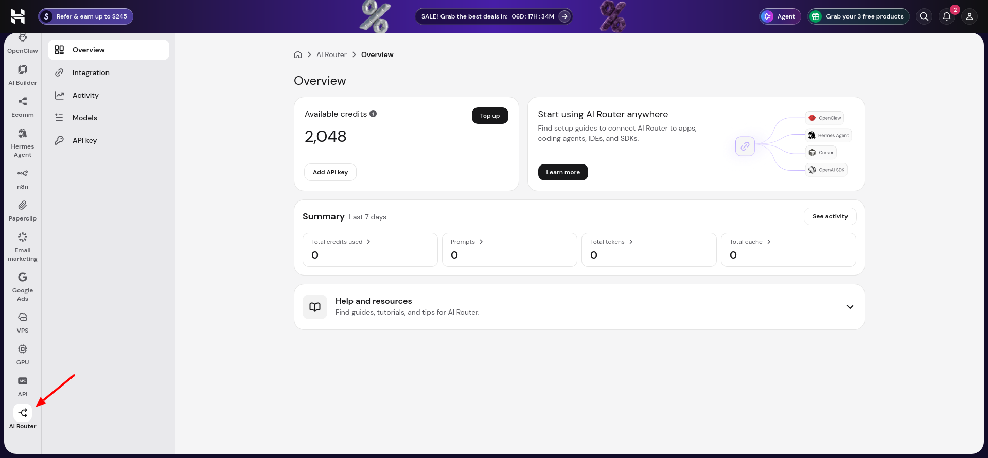 Hostinger AI Router Overview screen displaying available credits, Add API key, Top up, integration links, and summary metrics for credits, prompts, tokens, and cache