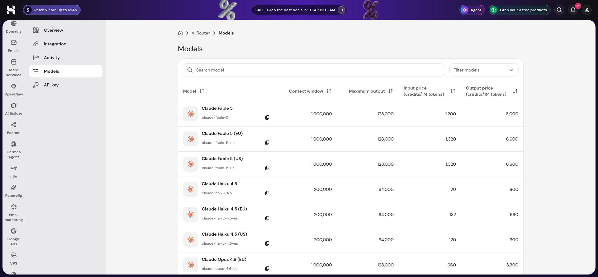 Hostinger AI Router Models table displaying Claude model variants, search and filtering, context windows, maximum output tokens, and input and output prices per million tokens