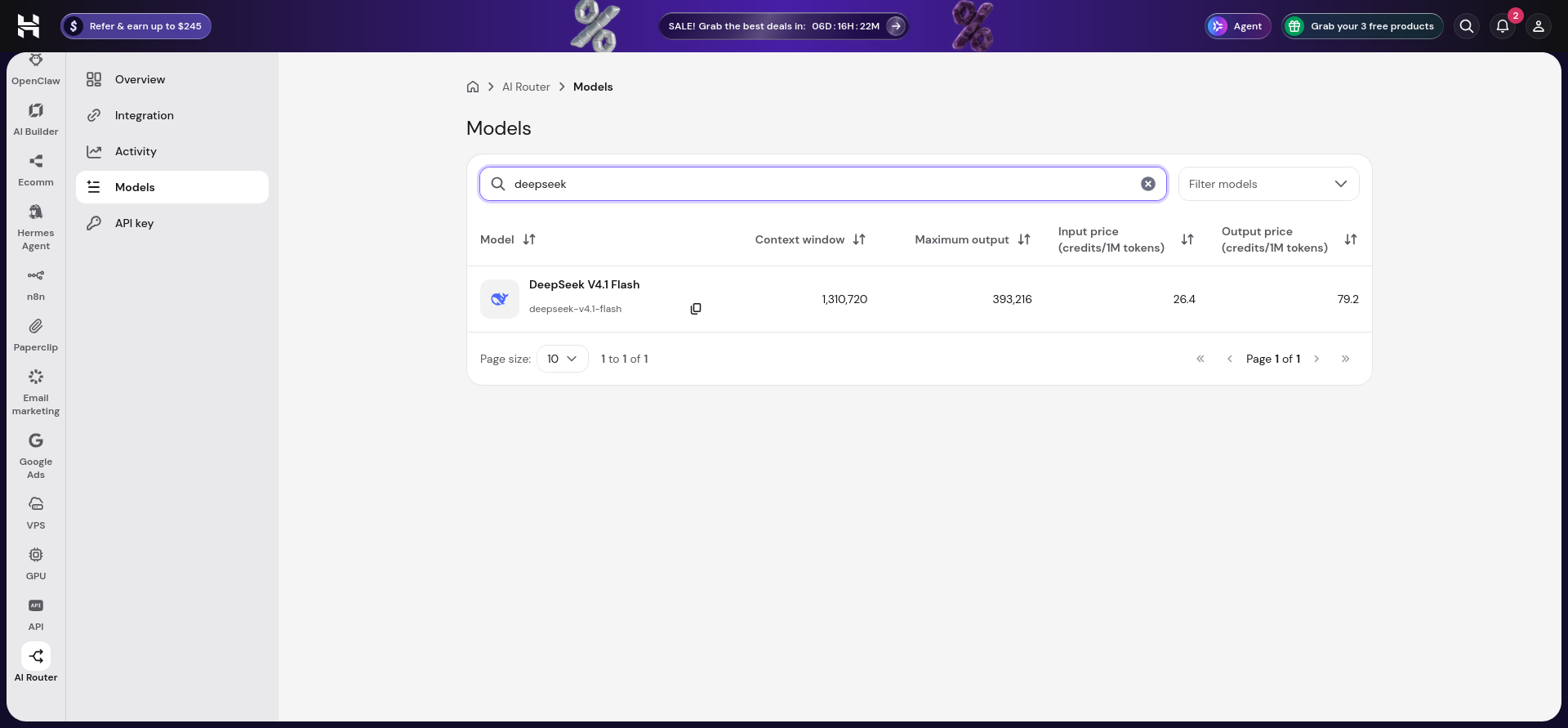 Hostinger AI Router model search results for DeepSeek V4.1 Flash, including model ID, context window, maximum output, and input and output token prices