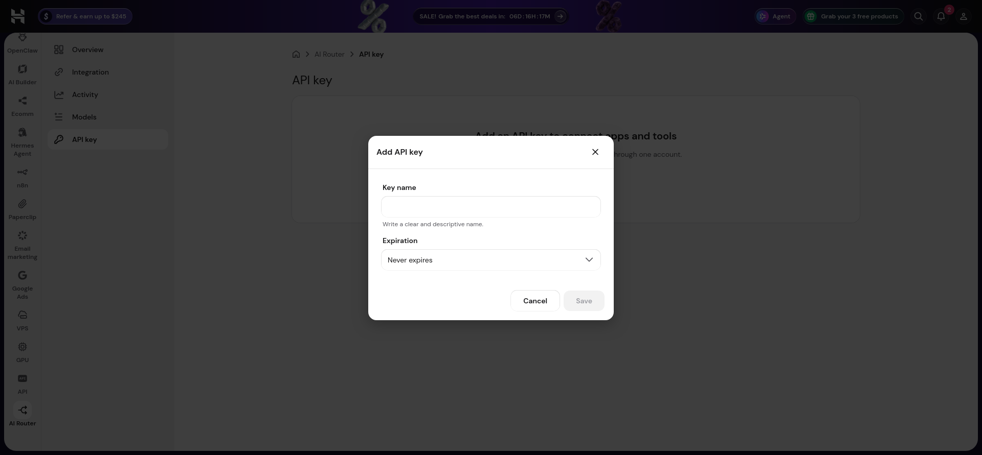 Hostinger AI Router Add API key dialog containing the Key name input, Expiration dropdown, and Save button