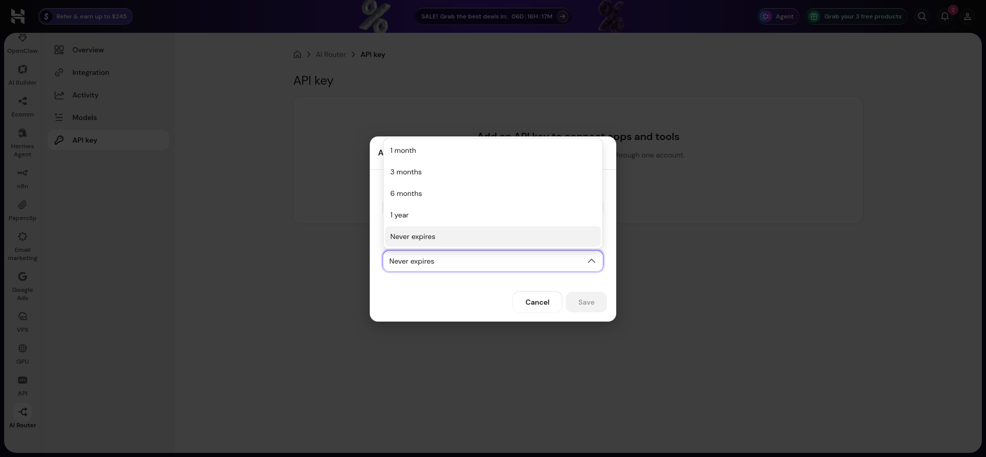 Hostinger AI Router API key expiration dropdown showing one month, three months, six months, one year, and Never expires choices