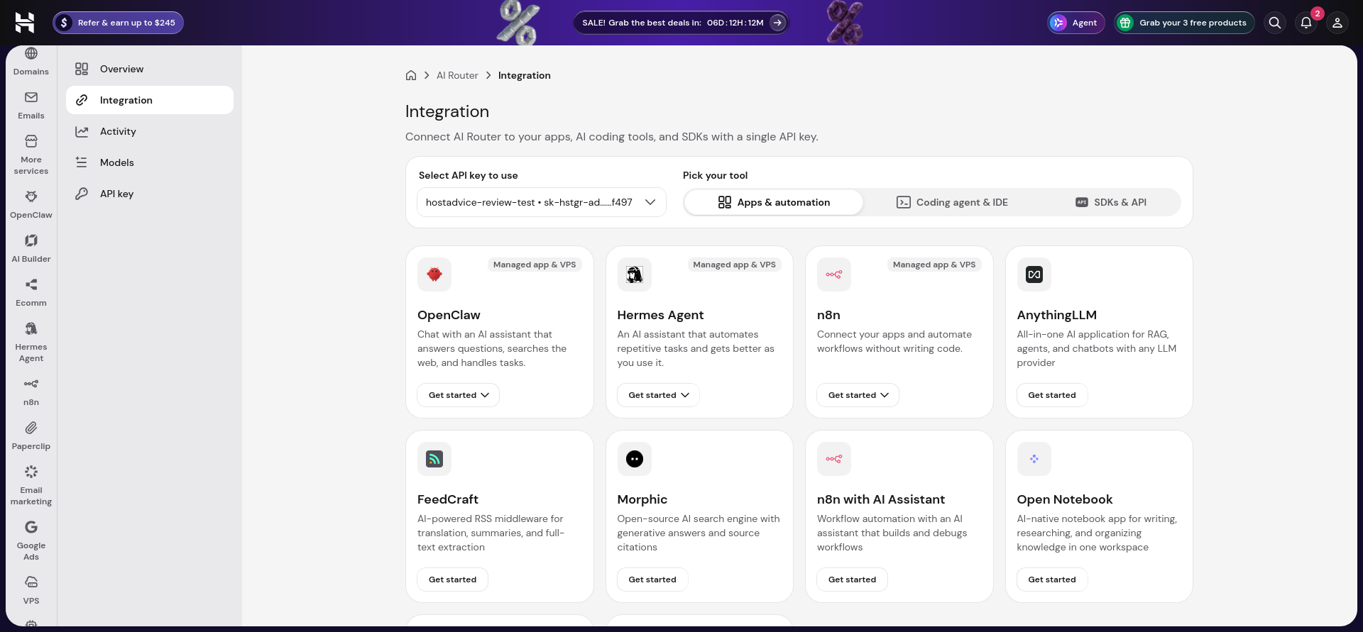 Hostinger AI Router Integration page with a selected API key, tabs for Apps and automation, Coding agent and IDE, SDKs and API, and cards for OpenClaw, Hermes Agent, n8n, and other tools