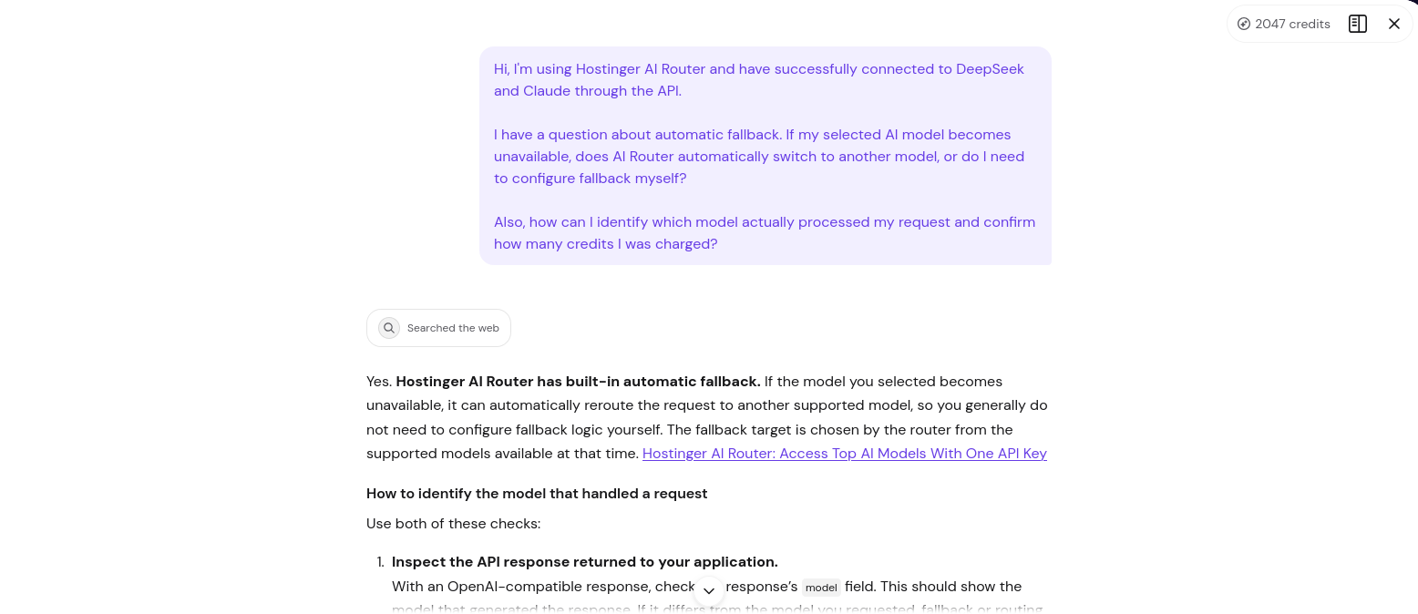 Hostinger Agent chat showing the original fallback and billing question and the AI response describing automatic routing and usage checks
