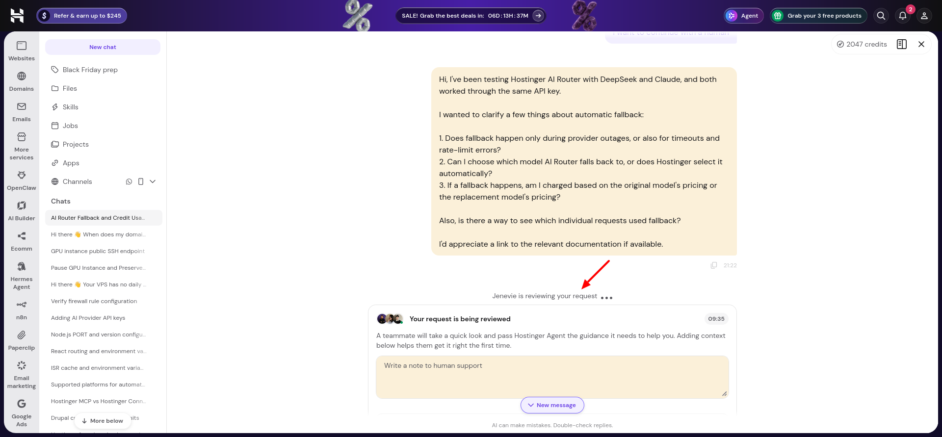 Hostinger chat displaying the four technical fallback questions and a status card indicating that Jenevie was reviewing the request