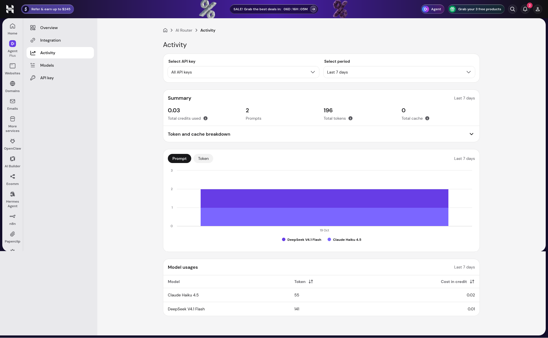 Hostinger AI Router Activity page showing two prompts, 196 total tokens, 0.03 displayed credits used, zero cache, and model-level token counts for DeepSeek and Claude