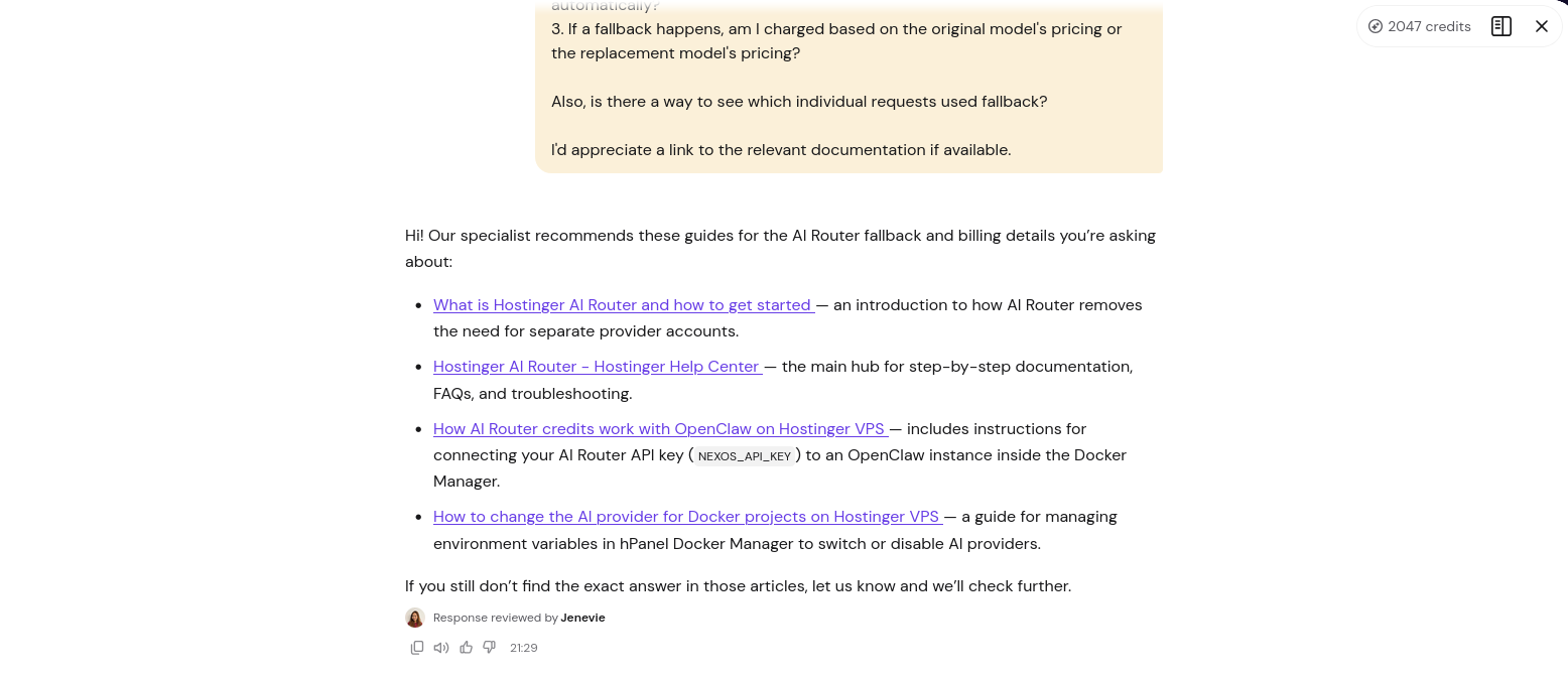 Hostinger response marked reviewed by Jenevie at 21:29, containing four links to AI Router and Docker documentation