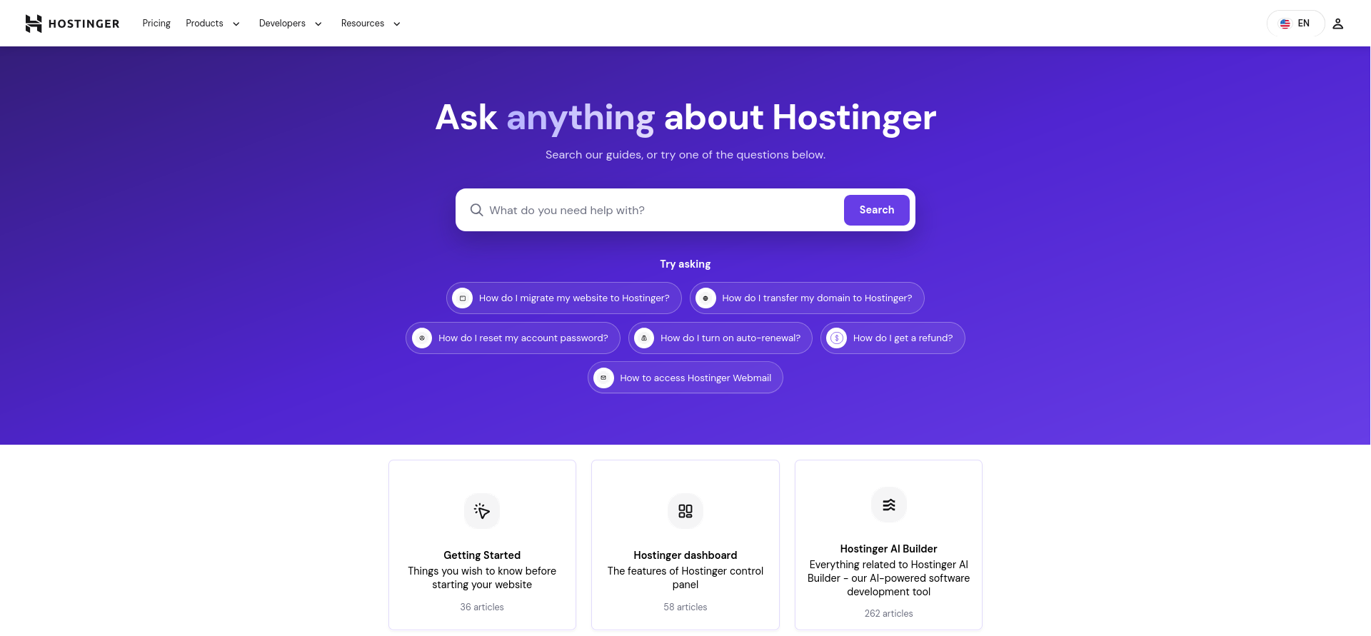 Hostinger Help Center homepage showing the main search field, suggested topics, and cards for dashboard, AI Builder, API, domains, DNS, and other services