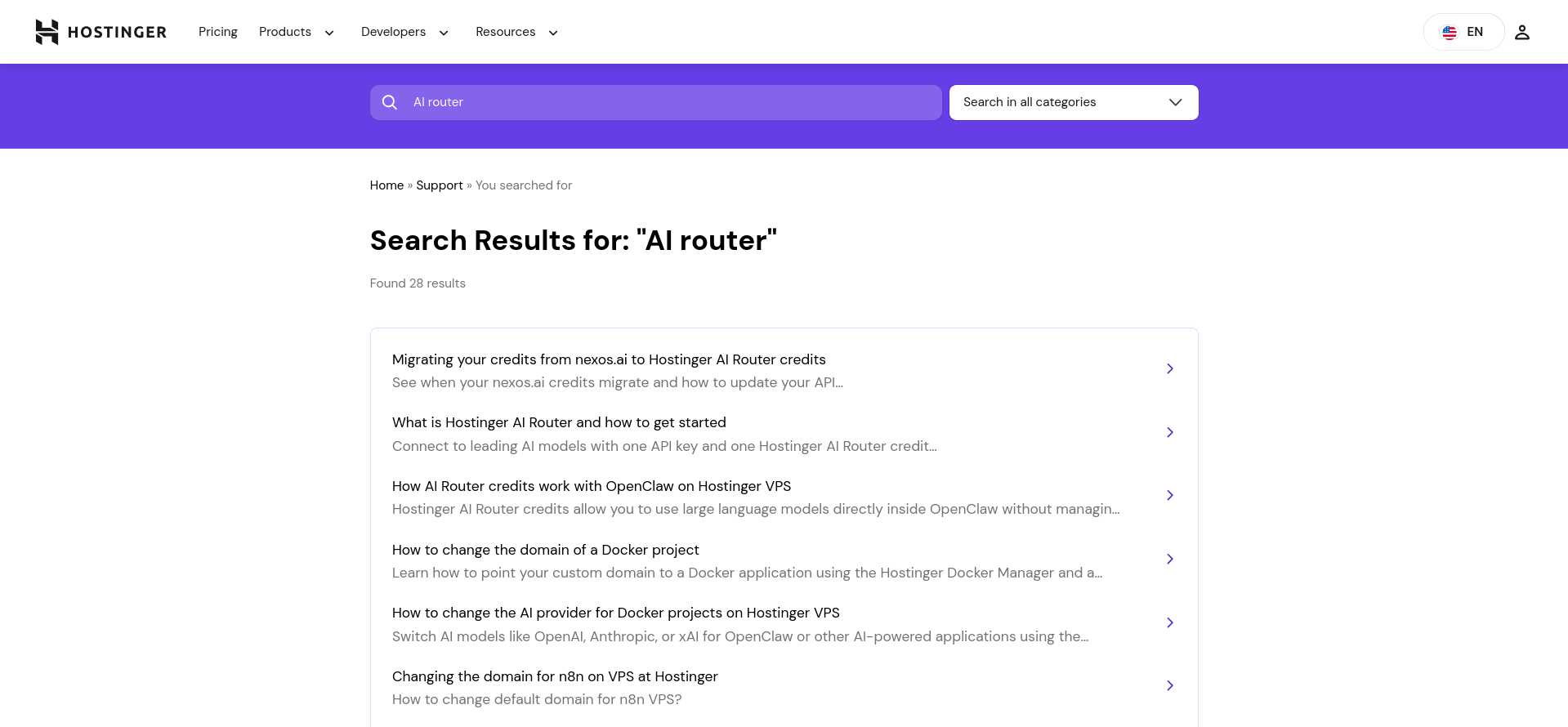 Hostinger Knowledge Base search results for AI router, showing 28 matching articles with titles and short descriptions