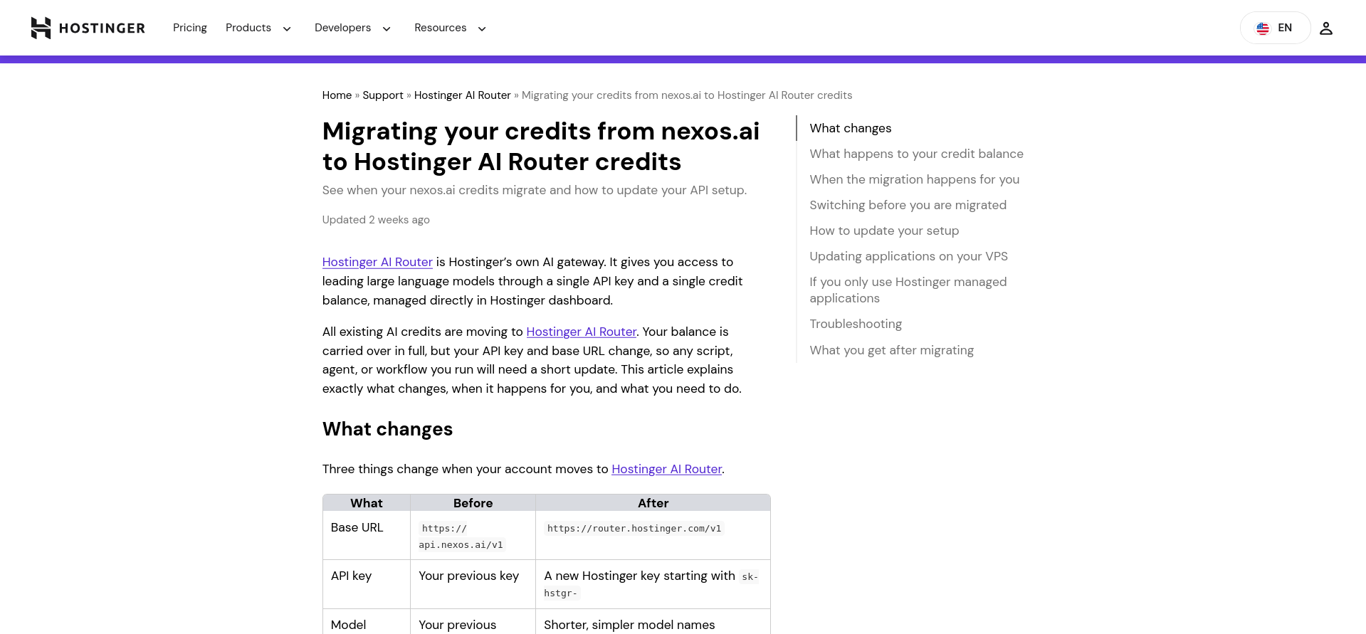 Hostinger Help Center guide about migrating nexos.ai credits, including a before-and-after comparison and instructions for updating API settings