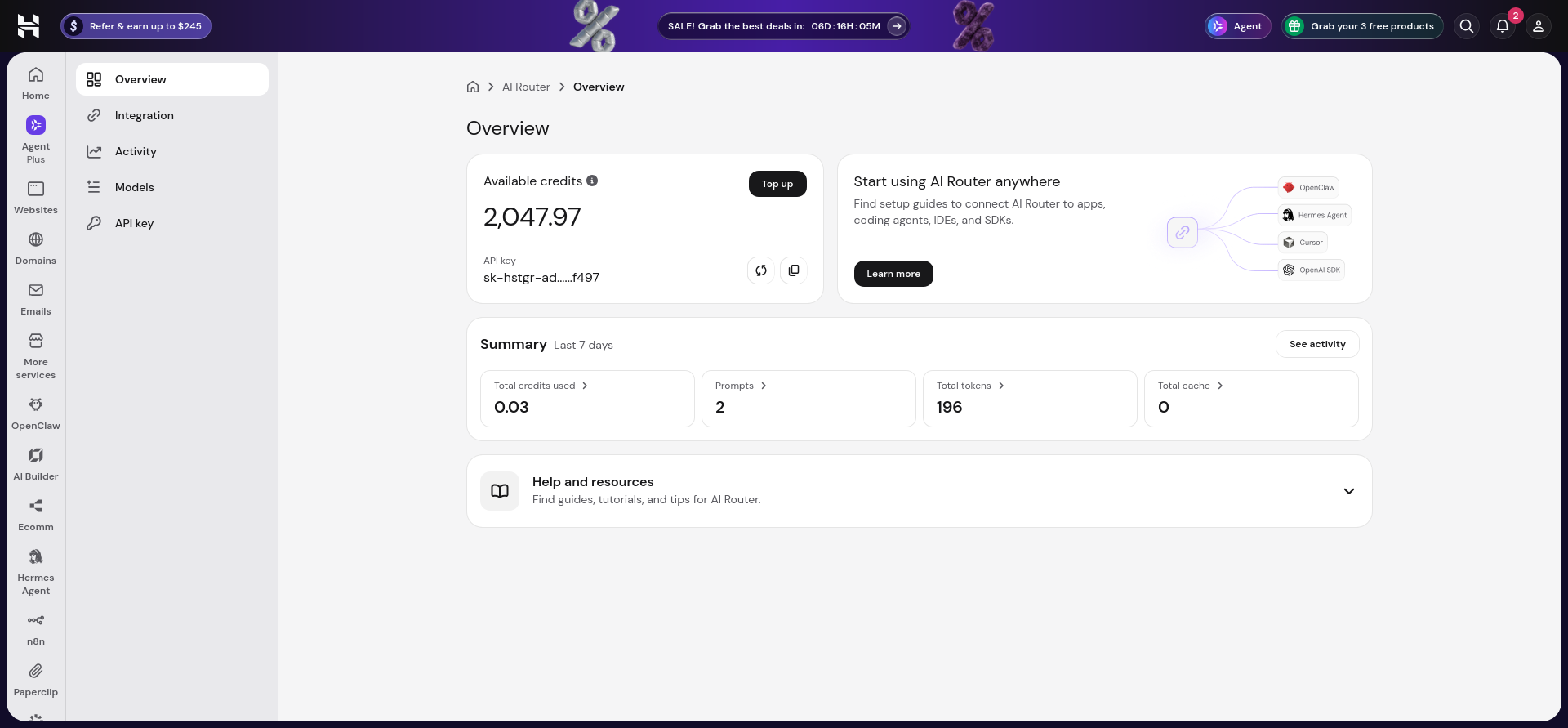 Hostinger AI Router Overview dashboard showing 2,047.97 available credits, two prompts, 196 tokens, 0.03 rounded credits used, and zero cache
