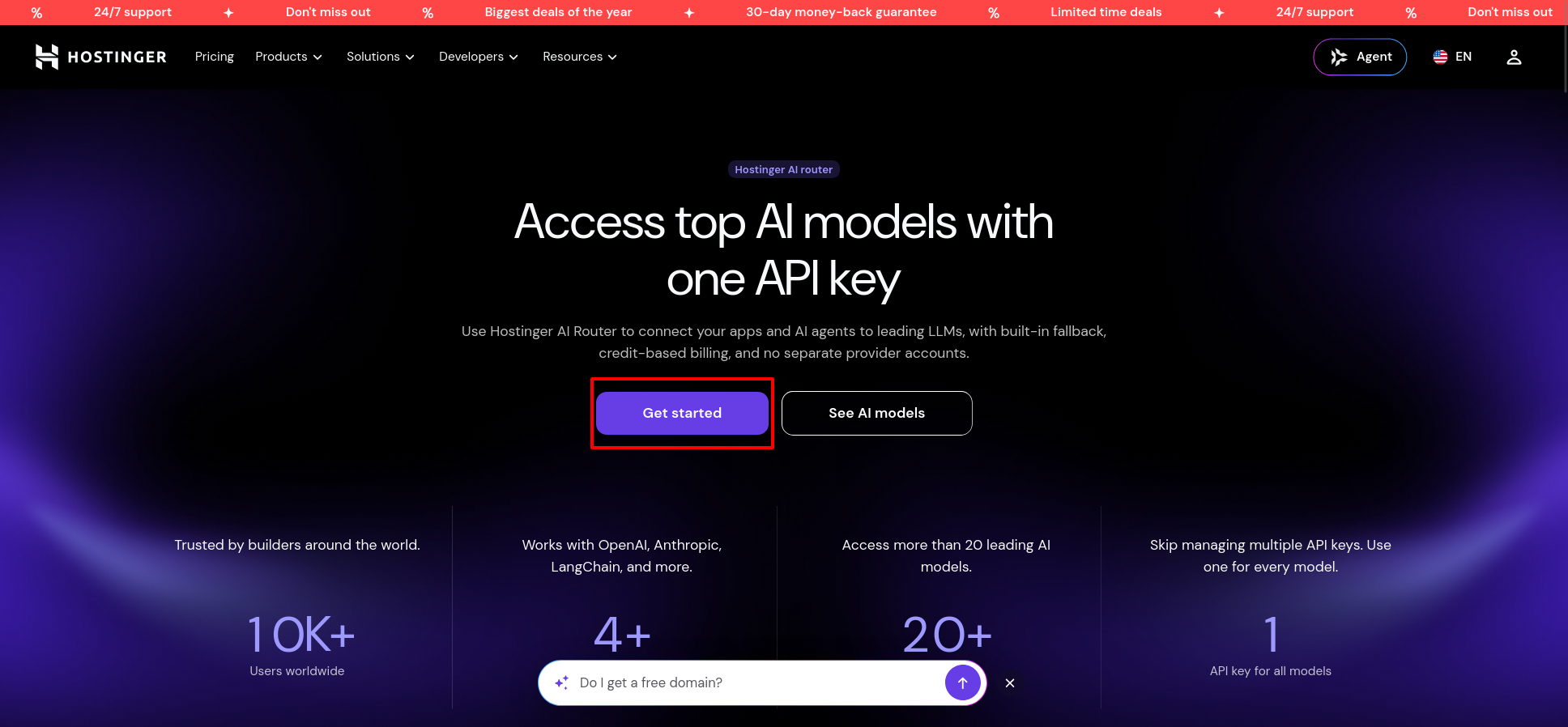Hostinger AI Router landing page showing the Get started button, single API key access, supported AI models, and key platform features