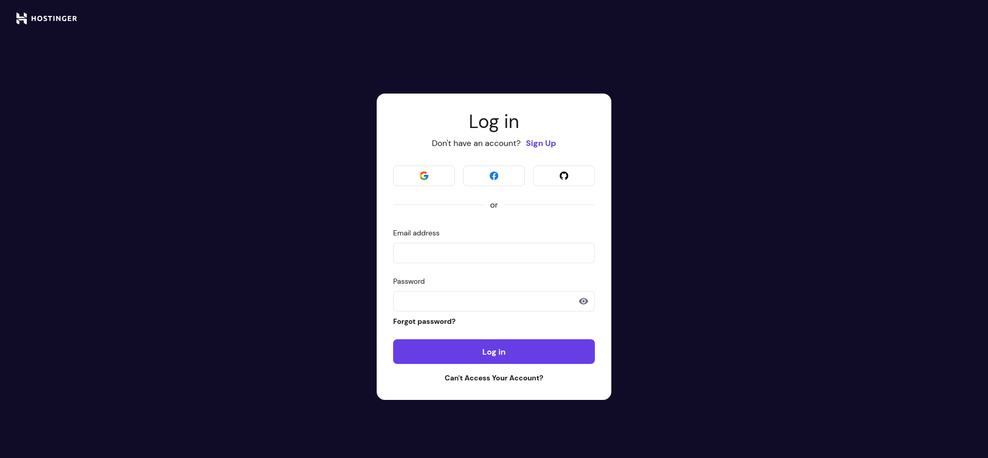 Hostinger sign-in form showing Google, Facebook, GitHub, email, password, and Log in controls