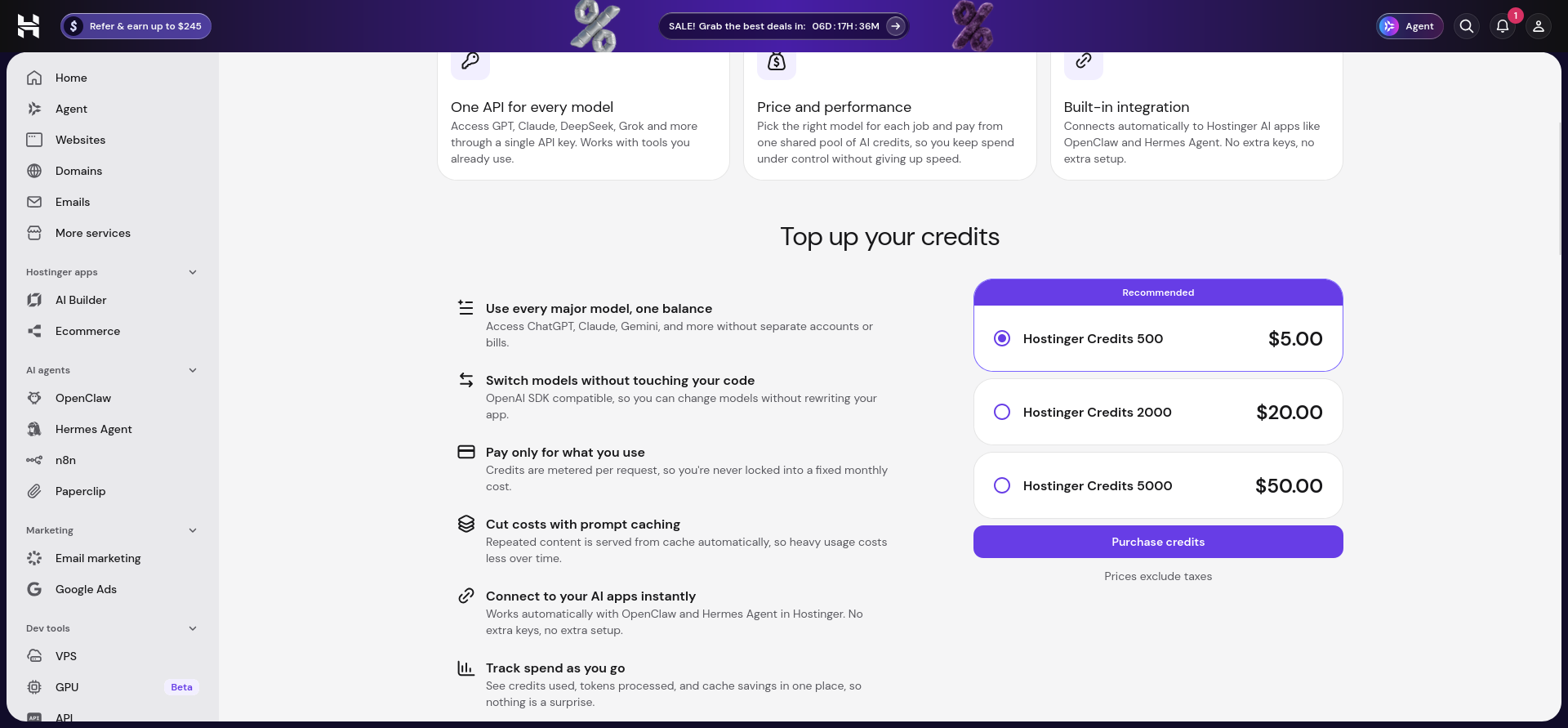 Hostinger AI Router credit top-up page showing 500 credits for $5, 2,000 for $20, and 5,000 for $50, alongside key features and the Purchase credits button
