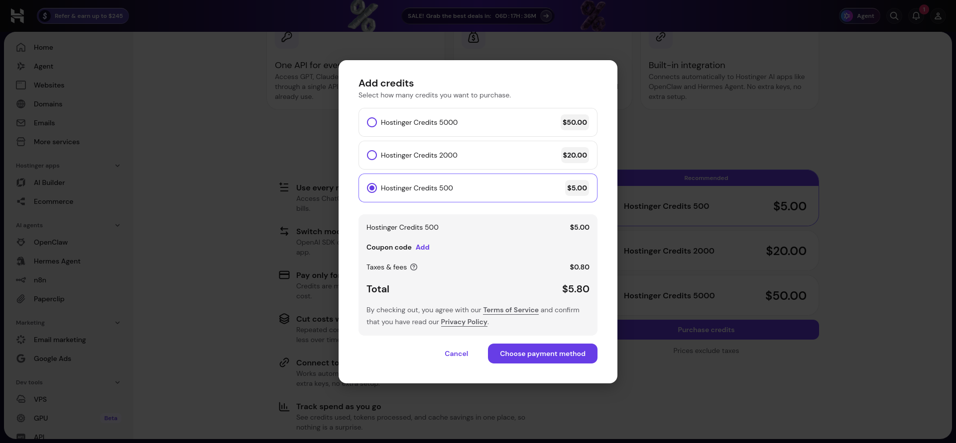 Add credits modal showing Hostinger Credits 500, a $5.00 subtotal, $0.80 taxes and fees, and a $5.80 total