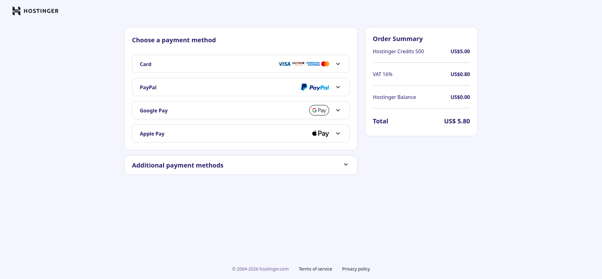 Hostinger checkout page showing card, PayPal, Google Pay, Apple Pay, additional payment methods, and a $5.80 order total