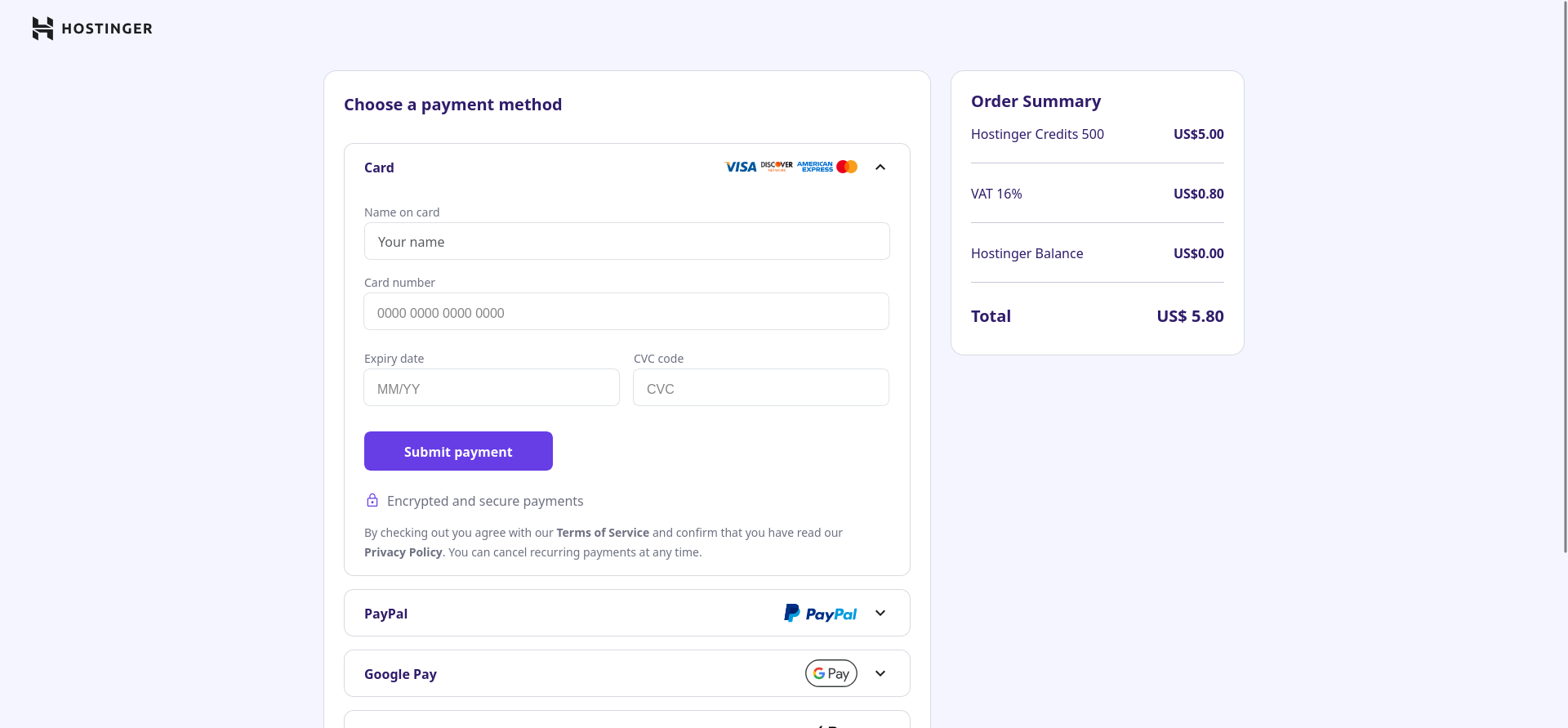 Hostinger card checkout showing name on card, card number, expiry, CVC, Submit payment, and the 500-credit order summary