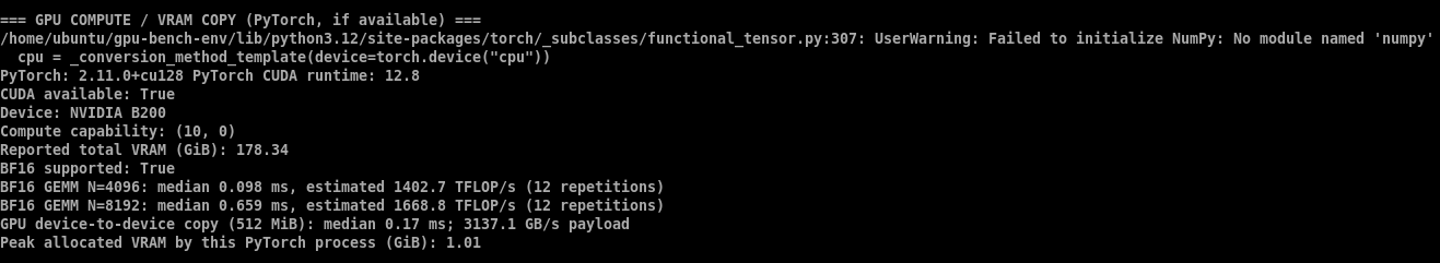 Hostinger B200 benchmark terminal showing BF16 matrix-multiplication estimates and 512 MiB GPU device-to-device copy results