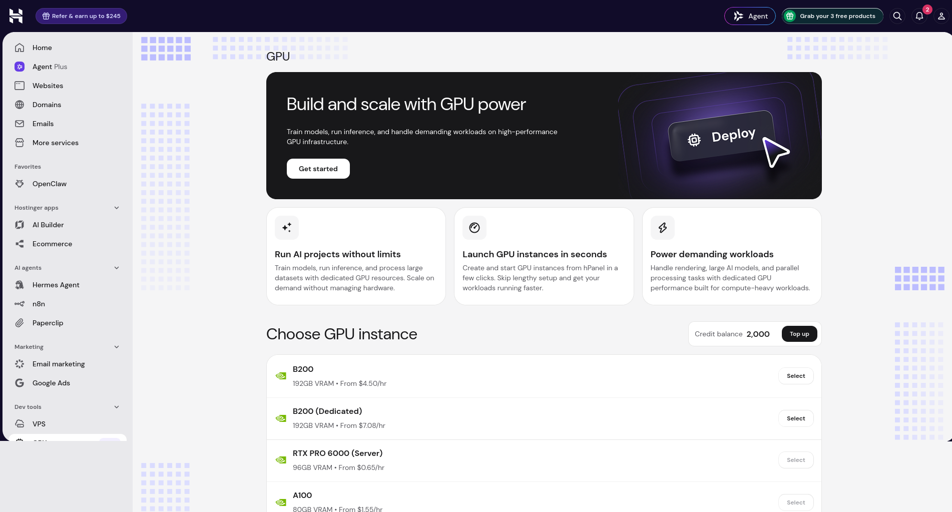Hostinger hPanel GPU homepage showing the GPU list, Select buttons, and a balance of 2,000 credits