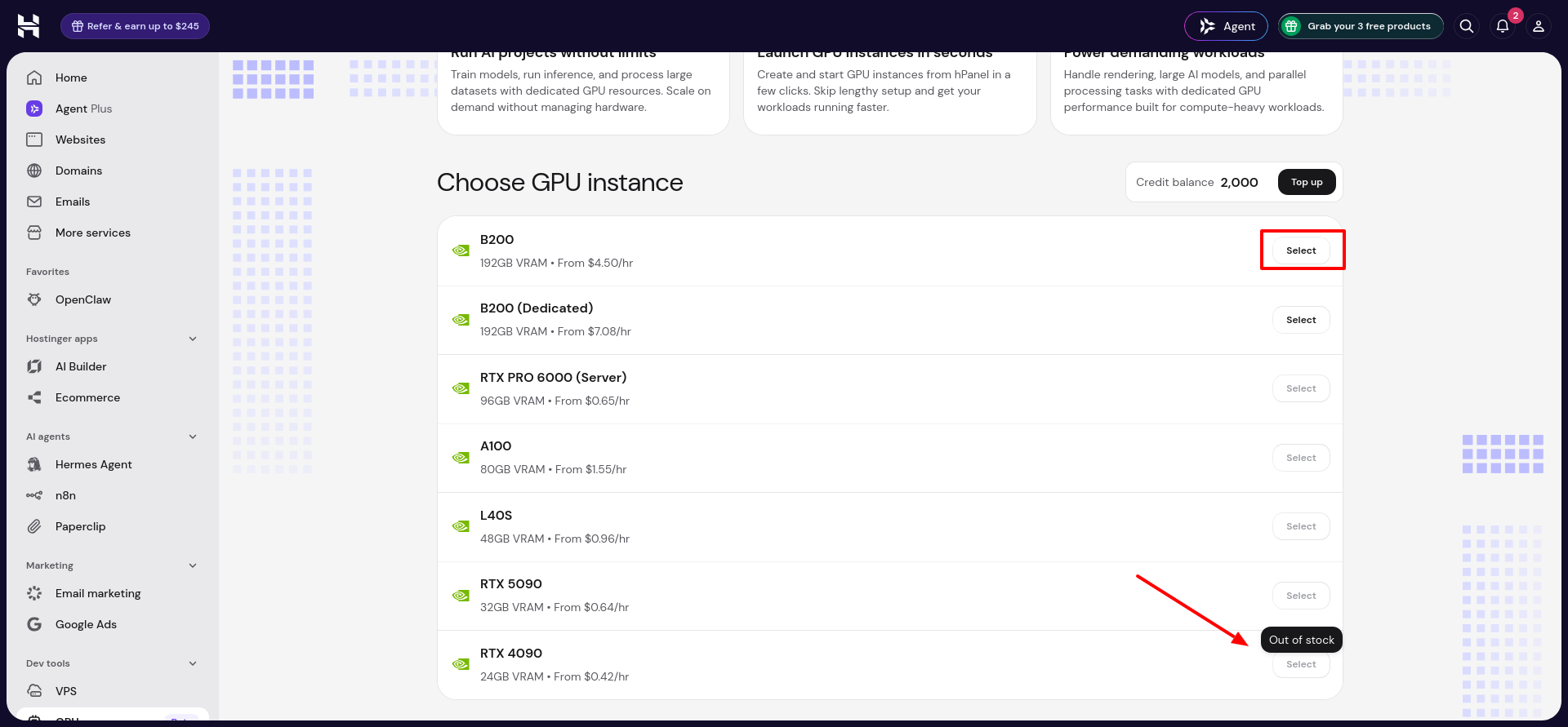 hPanel GPU list showing the disabled RTX 4090 Select button with an Out of stock tooltip, while B200 and B200 Dedicated remain available