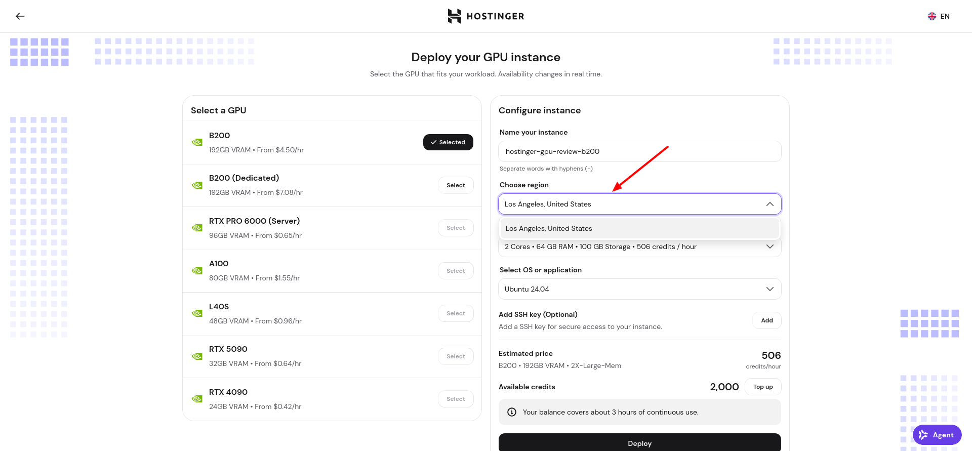 GPU region dropdown offering only Los Angeles, United States, for the selected B200