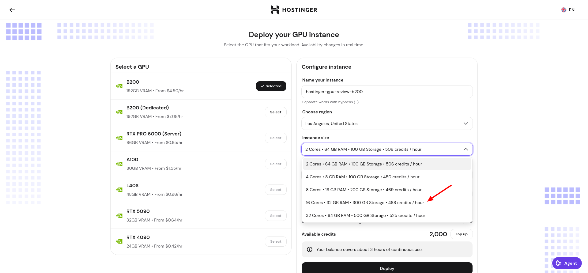 B200 instance-size dropdown displaying the available CPU, RAM, storage, and credits-per-hour configurations