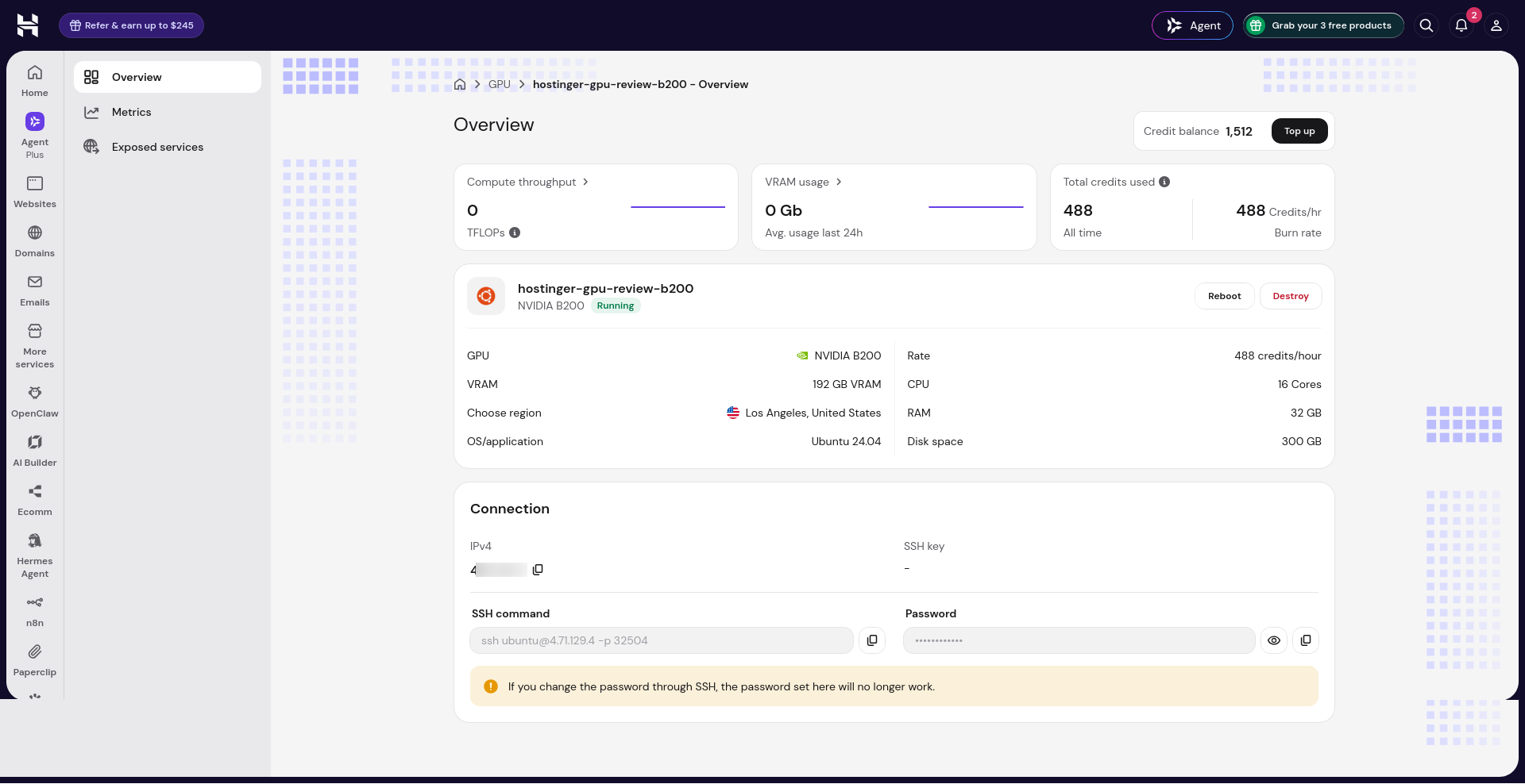 Hostinger GPU Overview showing the running B200, provisioned hardware, billing metrics, SSH connection details, and server controls