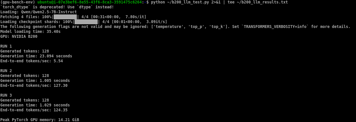 Qwen2.5-7B-Instruct benchmark output showing a slow first inference run followed by 127.30 and 124.35 tokens per second