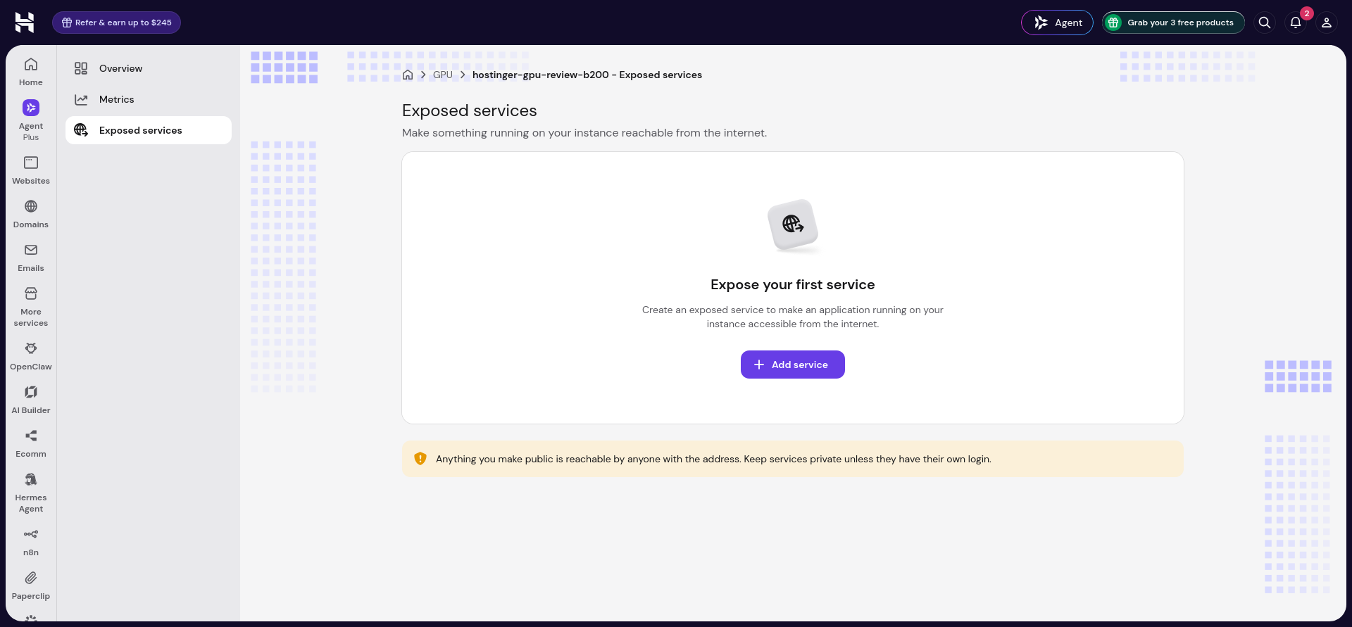 Hostinger Exposed services page showing the first-service empty state, Add service button, and warning about public access