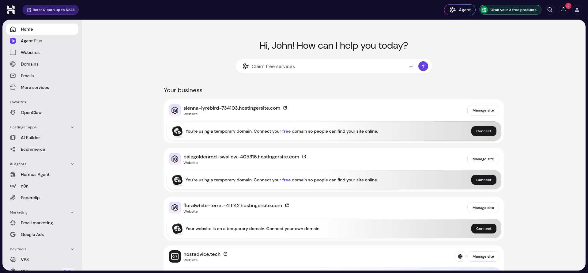 Hostinger main hPanel Home dashboard showing the assistant, existing websites, VPS table, and extensive left-hand product navigation