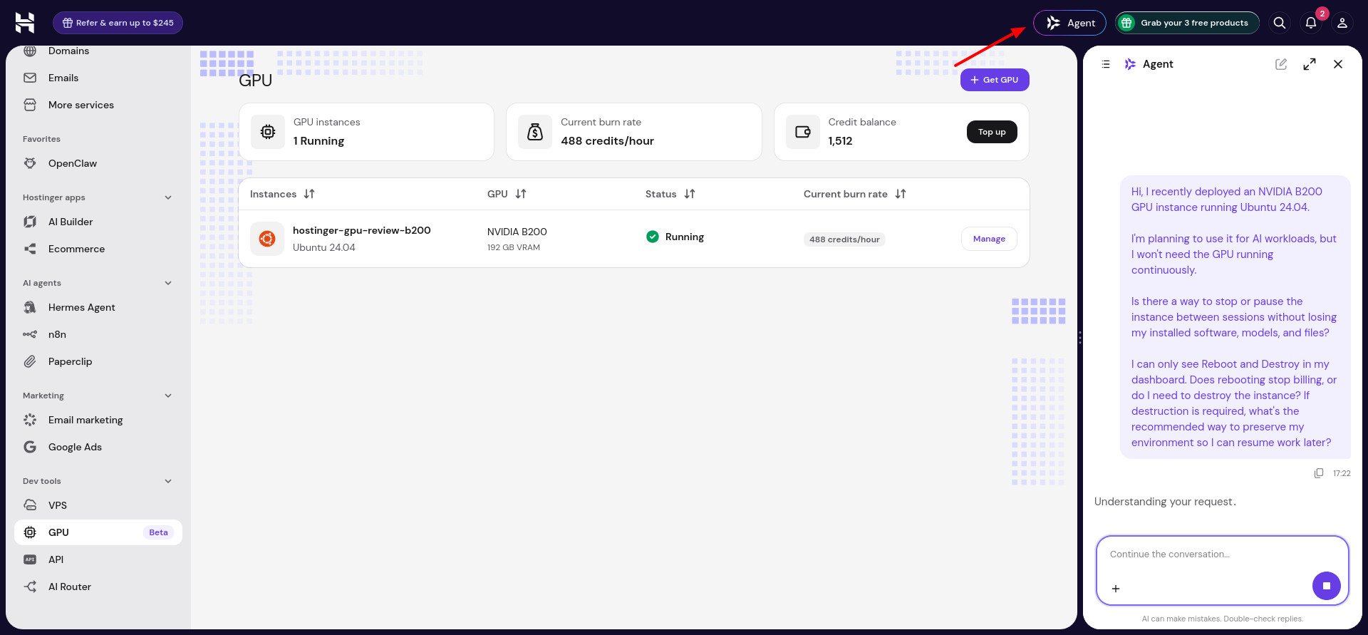 Hostinger hPanel GPU dashboard showing the running NVIDIA B200 instance alongside the Hostinger Agent chat interface