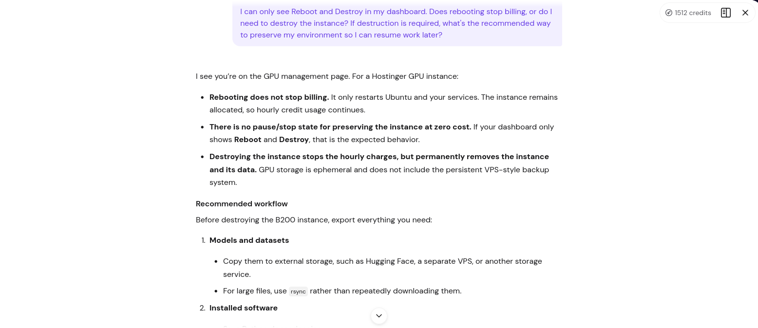 Hostinger Agent explaining continuous GPU billing and recommending methods for preserving files, models, and software configurations before destroying an instance