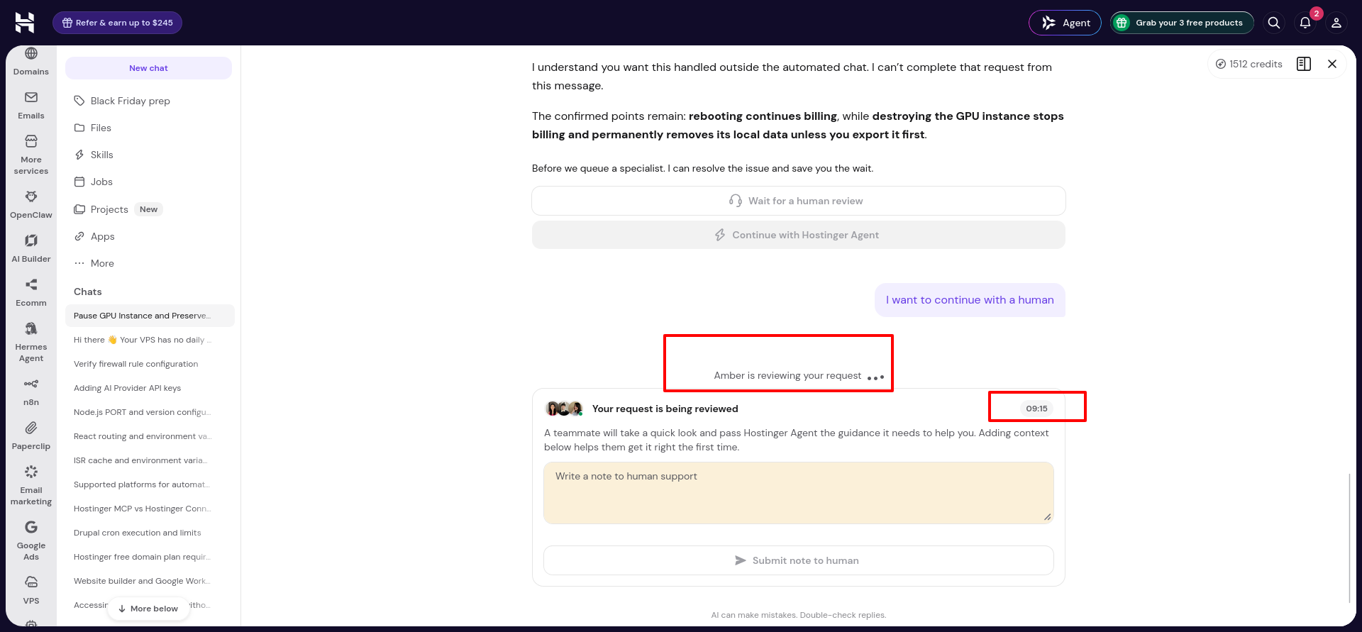 Hostinger support conversation showing a pending human review, countdown timer, and optional field for additional details