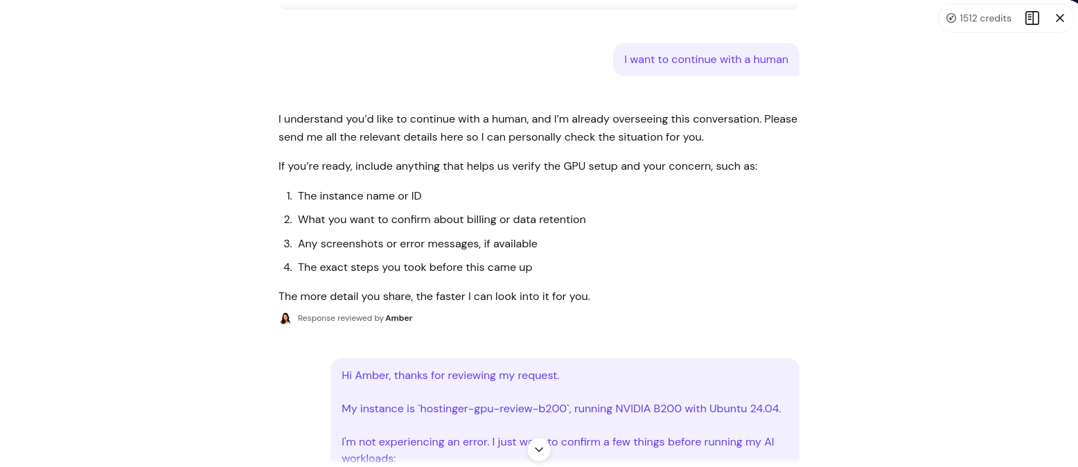Hostinger support message reviewed by Amber requesting information about the NVIDIA B200 instance and the billing concern